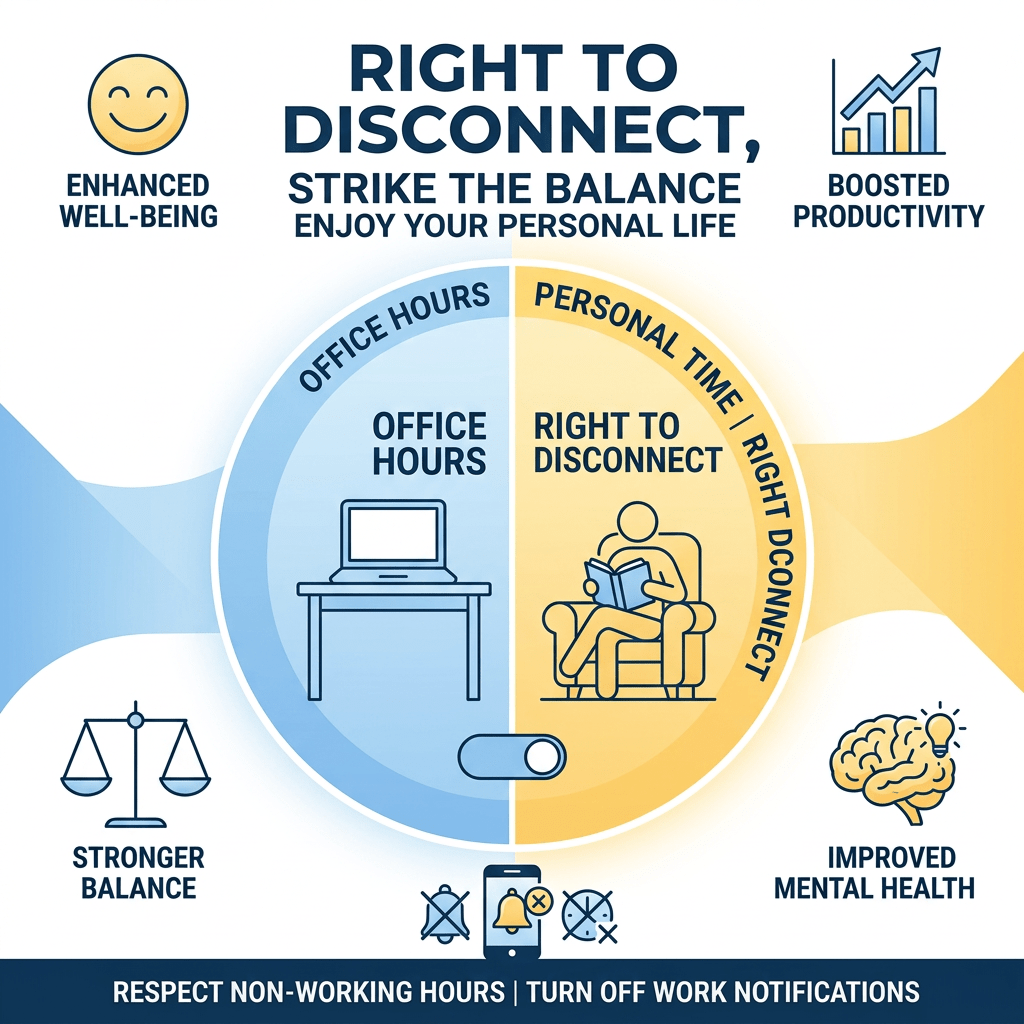 Infographic illustrating the right to disconnect from work during off-duty hours to improve well-being and productivity.